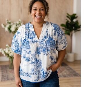 Sage Vell XL Blue White Toile De Jouy Puff Sleeve Smocked Ruffle Blouse Top